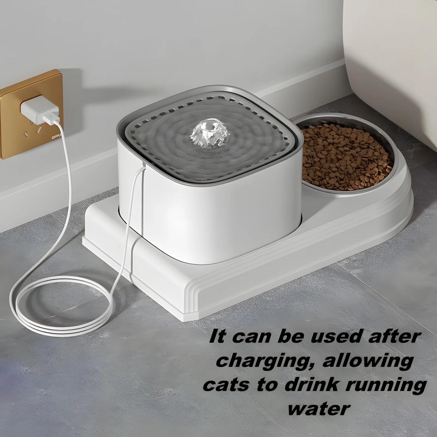 Automatic Cat Water Fountain and Food Bowl 2 IN 1 Set USB Cable Powered Quiet Pet Water Dispenser with Smart Water Pump for Cat