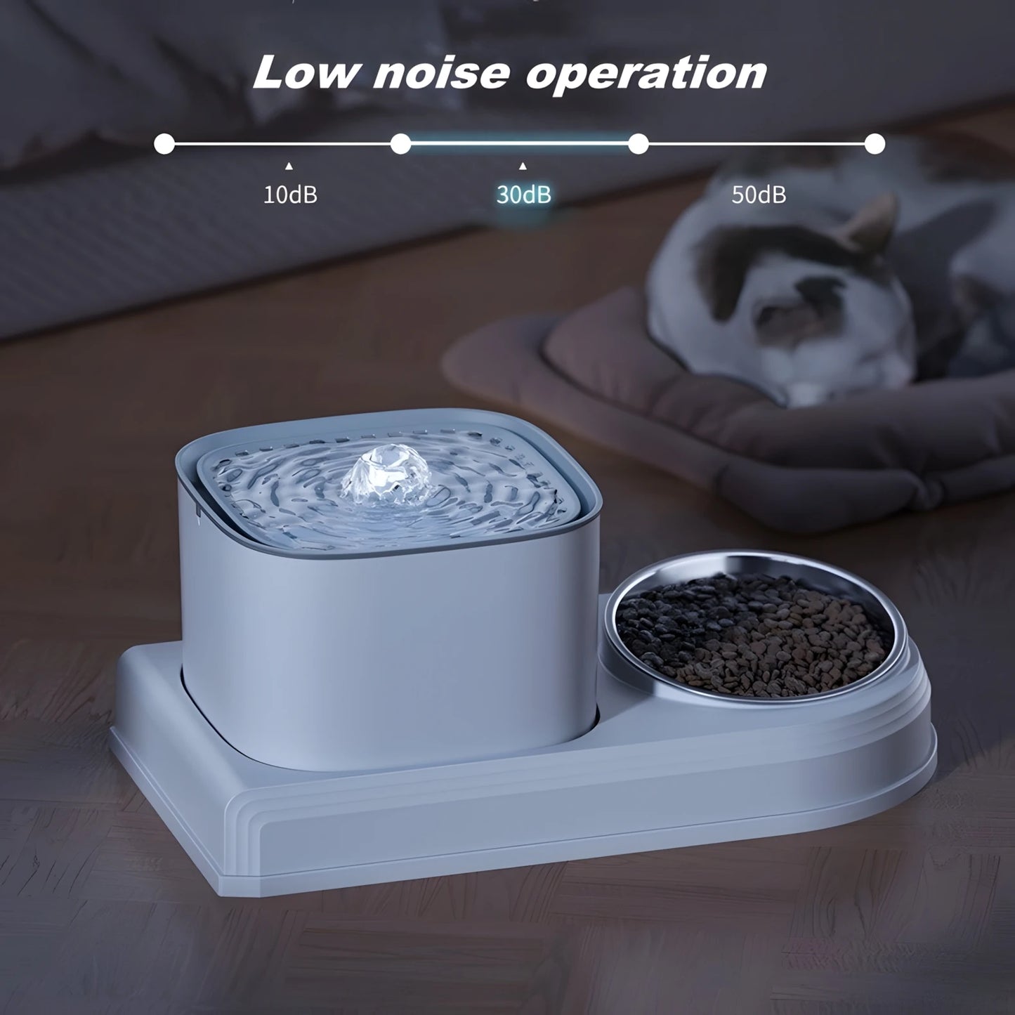 Automatic Cat Water Fountain and Food Bowl 2 IN 1 Set USB Cable Powered Quiet Pet Water Dispenser with Smart Water Pump for Cat